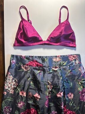 Bundle of VS Satin Floral Split Leg Harem Pants & Bralette Pajama Lounge Set